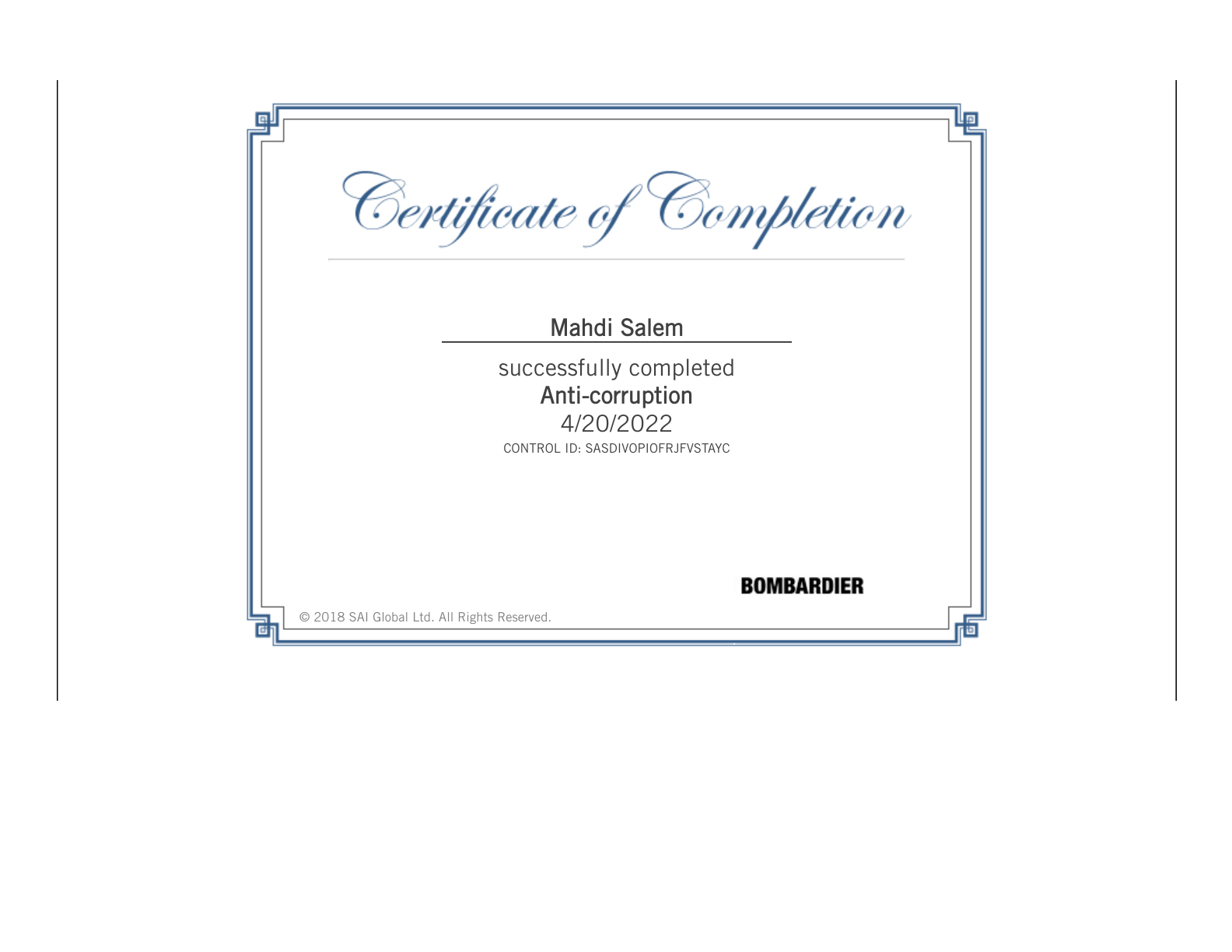 Global Anti-Corruption & Compliance Certification